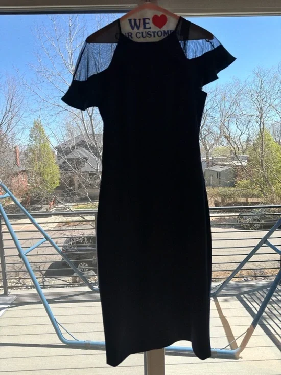 Eliza J Sheer Ruffle Shoulder Cocktail Dress Navy Midi Scuba Crepe Size 8 - Picture 11 of 11